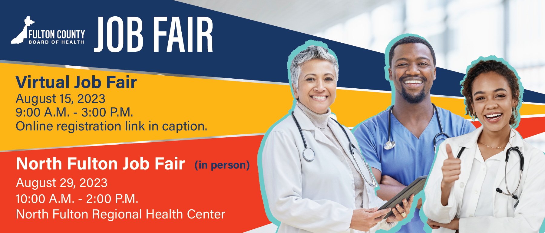 Fulton County Board of Health flyer titled 'Job Fair: Virtual Job fair and North Fulton Job Fair (In person)'. The Virtual job fair is held August 15, 2023, from 9:00 AM to 3:00 PM and the North Fulton Job Fair is held August 29, 2023, from 10:00 AM to 2:00 PM. 
