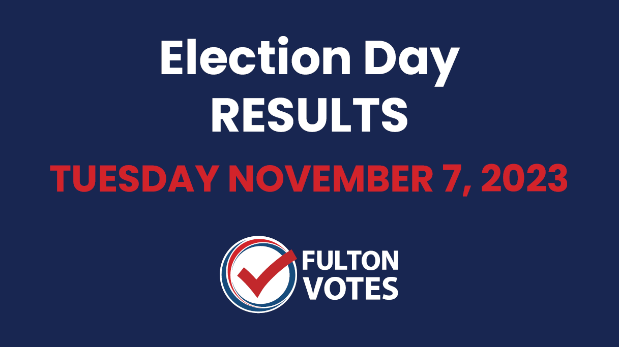 Blue web graphic containing white and red text titled "Election Day Results: Tuesday November 7, 2023"